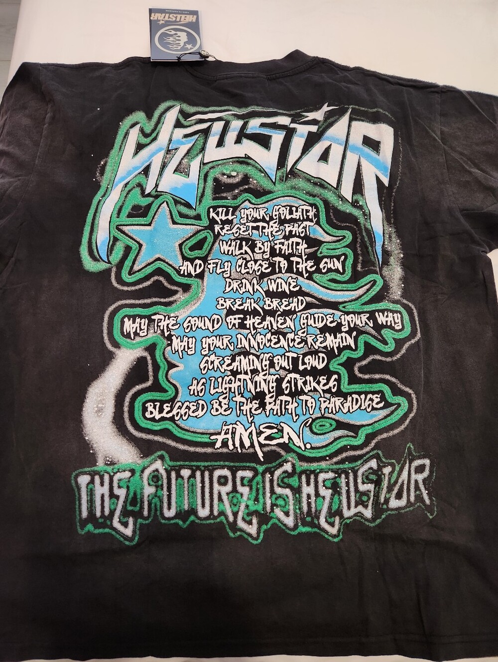 Hellstar Graphic Tee in Black with Aqua & White Print